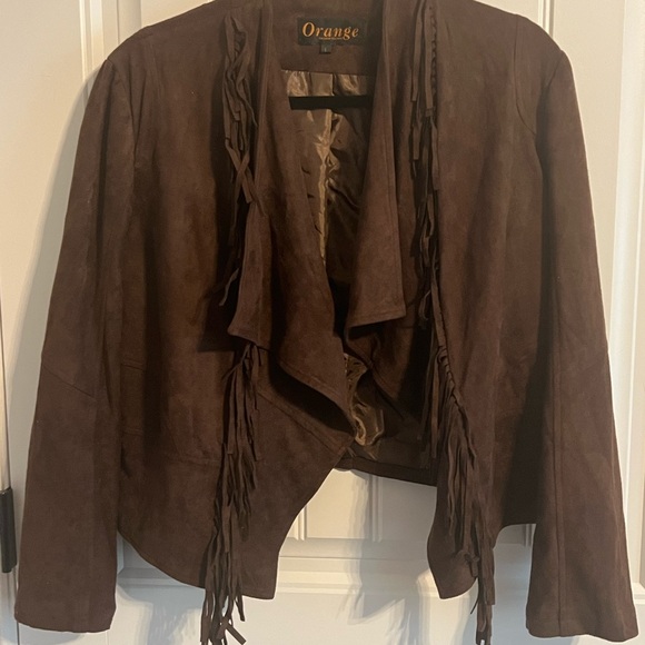 #1905. Orange Fashion Village Brown Faux Suede Fringed Jacket. Size L - Picture 2 of 11